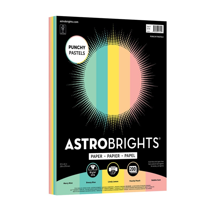 Astrobrights Punchy Pastel Paper Assortment  8.5"" x 11""  24 lb.  5-Color Assortment  200 Sheets (91741) - Image 1